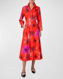 Akris Poppies Print Belted Midi Dress at Neiman Marcus