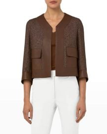 Akris Tweed Cropped Jacket w Faux Leather-Trim at Neiman Marcus