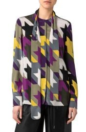 Akris punto Houndstooth Check Tie Neck Silk Blouse at Nordstrom