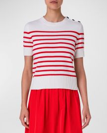 Akris punto Kodak Stripe Short-Sleeve Button-Shoulder Cashmere Sweater at Neiman Marcus