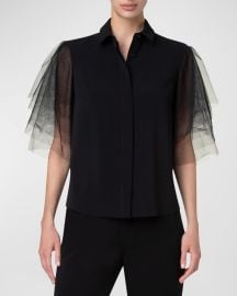 Akris punto Layered Tulle-Sleeve Button-Down Blouse at Neiman Marcus