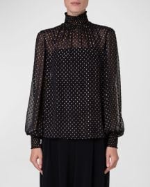 Akris punto Metallic Dot Devore Georgette Smocked Mock-Neck Blouse at Neiman Marcus