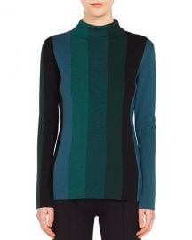 Akris punto Turtleneck Slit Long-Sleeve Striped Wool Knit Top at Neiman Marcus