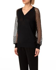 Akris punto V-Neck Mesh Sleeve Pullover at Neiman Marcus