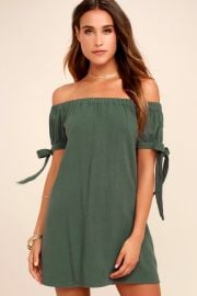 Al Fresco Evenings Olive Green Off-the-shoulder Dress at Lulus