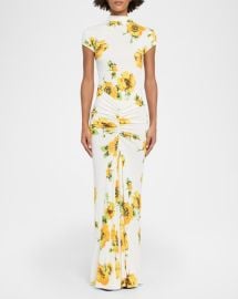 Alaia Mock Neck Draped Floral Jersey Cap Sleeve Maxi Dress at Neiman Marcus