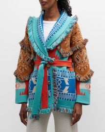 Alanui Icon Bandana Patchwork Jacquard Belted Fringe Cardigan at Neiman Marcus