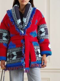 Alanui Icon Belted Fringed Quilted Wool jacquard Down Jacket in Red at Net a Porter
