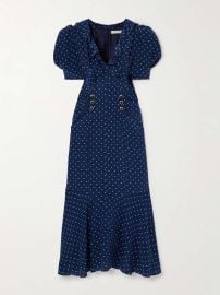 Alessandra Rich Ruched button and bow embellished polka dot silk midi dress at Net a Porter