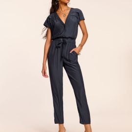 Aletha Belted V-Neck Jumpsuit in navy Ramy Brook at Ramy Brook