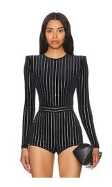 Alex Perry Crystal Velvet Long Sleeve Bodysuit In Black at Revolve