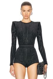 Alex Perry Crystal Velvet Long Sleeve Bodysuit in Black FWRD at FWRD