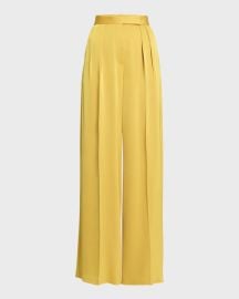 Alex Perry High Rise Double Pleated Wide Leg Satin Crepe Trousers in Gold at Neiman Marcus