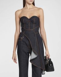 Alexander McQueen Asymmetric Drape Denim Corset Top at Neiman Marcus