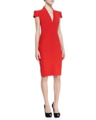 Alexander McQueen Cap-Sleeve Deep V-Neck Dress Red at Neiman Marcus