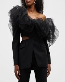 Alexander McQueen Cutout One Shoulder Ruffle Single Breasted Blazer at Neiman Marcus