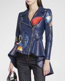 Alexander McQueen Embroidered Leather Peplum Motorcycle Jacket at Neiman Marcus