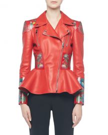 Alexander McQueen Flower-Print Leather Moto Jacket at Neiman Marcus