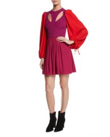 Alexander McQueen Harness Cutout-Front Balloon-Sleeve Fit-and-Flare Mini Dress at Neiman Marcus