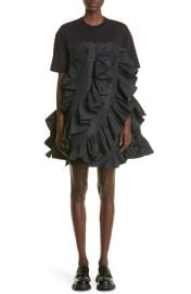 Alexander McQueen Mixed Media Ruffle Cotton Dress in Black  at Nordstrom