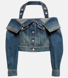 Alexander McQueen Off the shoulder denim halterneck top at Mytheresa