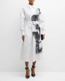 Alexander McQueen Orchid Print Poplin Belted Midi Shirtdress at Neiman Marcus