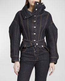 Alexander McQueen Peplum High-Neck Denim Jacket at Neiman Marcus