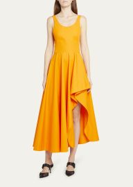 Alexander McQueen Poplin Midi Dress with Asymmetric Ruffle Slit at Bergdorf Goodman