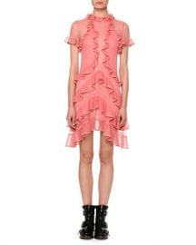 Alexander McQueen Short-Sleeve Fluid Ruffle On Lace Sheer Mini Dress at Neiman Marcus