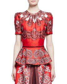 Alexander McQueen Short-Sleeve Paisley-Print Silk Peplum Top  Red Brown at Neiman Marcus