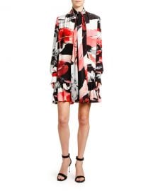 Alexander McQueen Torn Rose-Print Crepe de Chine Tie-Neck Dress at Neiman Marcus