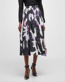 Alexander McQueen Watercolor Logo-Print Pleated Midi Skirt at Neiman Marcus