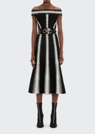 Alexander McQueen Zigzag Striped Off-The-Shoulder Midi Dress - at Bergdorf Goodman