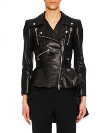 Alexander McQueen Zip-Front Peplum Leather Moto Jacket   Neiman at Neiman Marcus