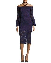 Alexis Belin Off-the-Shoulder Lace Dress w  Velvet Necktie  Navy at Neiman Marcus