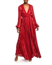 Alexis Salomo Pleated Long-Sleeve Maxi Dress w  Belt at Neiman Marcus