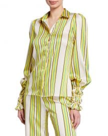 AlexisCatina Striped Button-Front Long-Sleeve Satin Top at Neiman Marcus