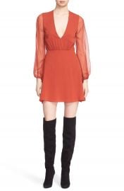 Alice   Olivia  Cary  Deep V-Neck Sheer Sleeve Fit   Flare Dress at Nordstrom