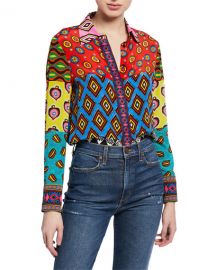 Alice   Olivia AO x CARLA Willa Ribbon Combo Placket Top at Neiman Marcus