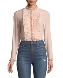 Alice   Olivia Arminda Button-Down Ruffled Chiffon Blouse w  Pearlescent Trim  Blush at Neiman Marcus