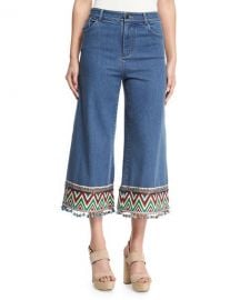 Alice   Olivia Beta Embroidered Pom-Pom Hem Cropped Jeans  Multi at Neiman Marcus