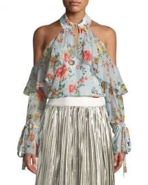 Alice   Olivia Blayne Cold-Shoulder Floral-Print Silk Blouse   Neiman at Neiman Marcus