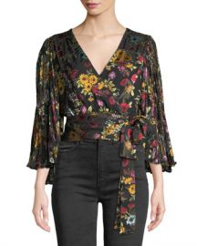 Alice   Olivia Bray Pleated-Sleeve Wrap Top at Neiman Marcus