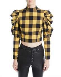 Alice   Olivia Brenna Check Puff-Sleeve Top at Neiman Marcus