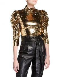 Alice   Olivia Brenna Sequined Fitted Puff-Sleeve Top at Neiman Marcus