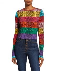 Alice   Olivia Delaina Colorblock Snake-Print Crewneck Long-Sleeve Crop Top at Neiman Marcus