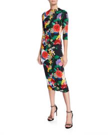 Alice   Olivia Delora Long-Sleeve Floral Fitted Sheath Midi Dress at Neiman Marcus