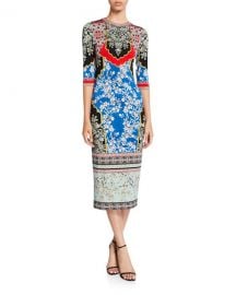 Alice   Olivia Delora Printed Crewneck 3 4-Sleeve Fitted Midi Dress at Neiman Marcus