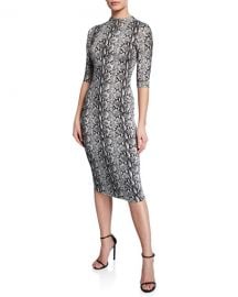 Alice   Olivia Delora Snake-Print Mock-Neck Elbow-Sleeve Fitted Dress at Neiman Marcus