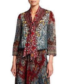 Alice   Olivia Elaina Sunburst Pleated-Sleeve Tie-Neck Blouse at Neiman Marcus